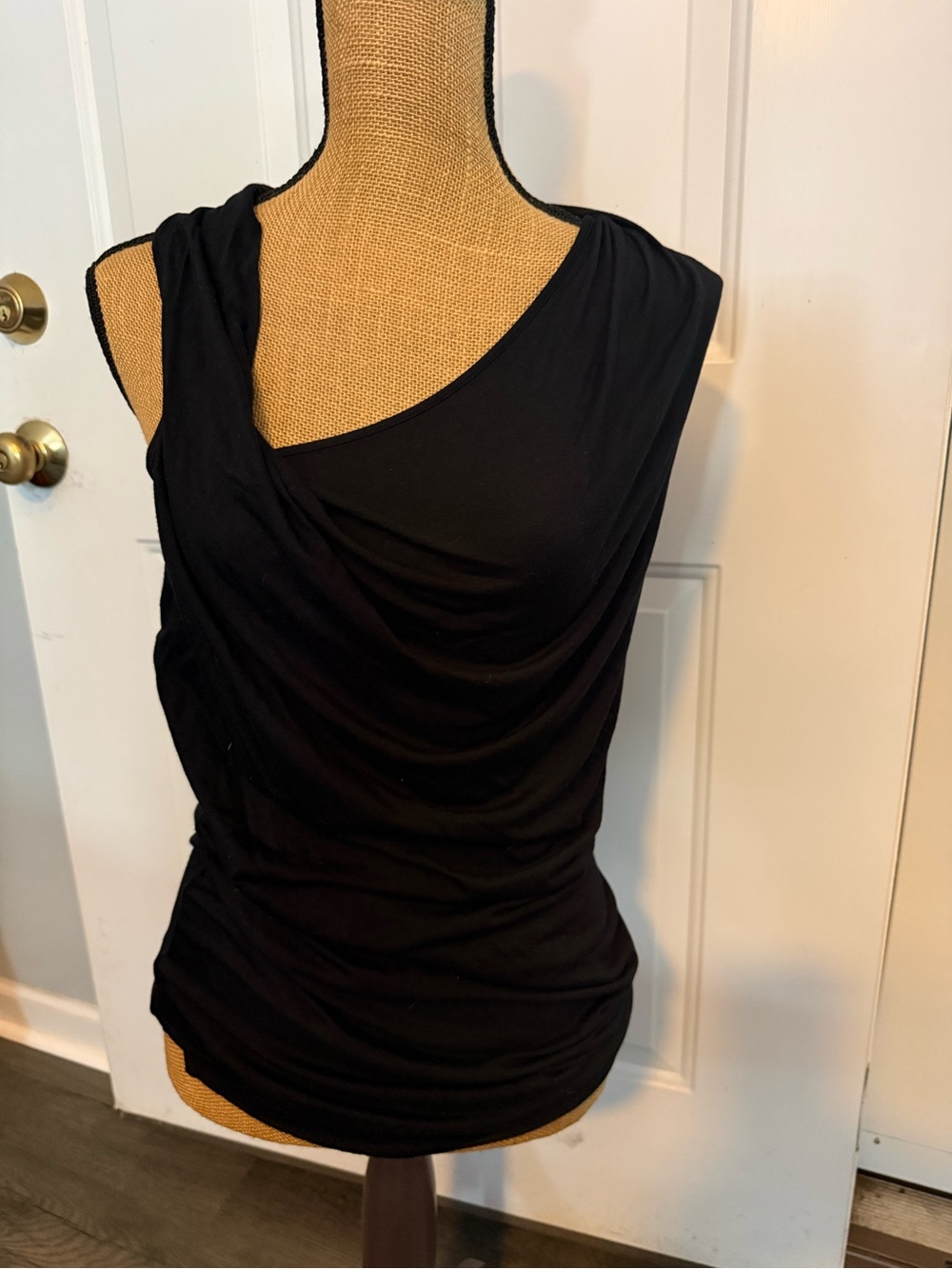 Helmut Lang Misses Black Asymmetric Stretch Draped Ruched Sleeveless Top, Size L